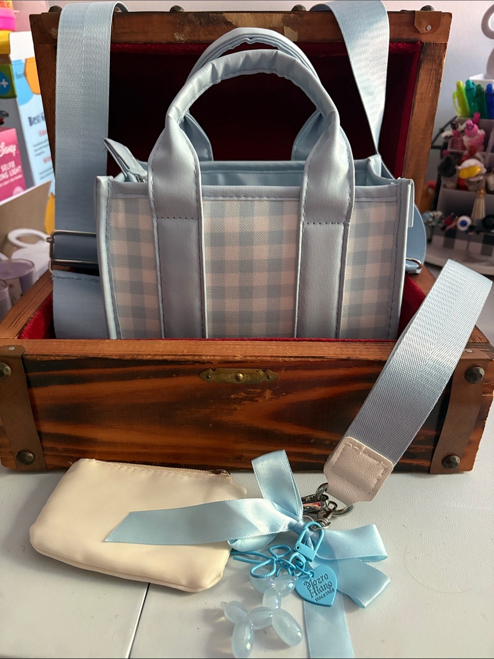 Light Blue Gingham Mini Tote Crossbody/Wristlet Bag